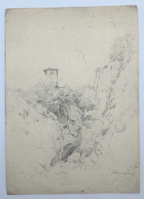 Louis Kolitz - Pencil Drawing - Landscape, Castle Ruins, Subiaco - Signed - E2