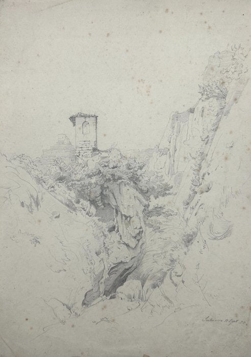 Louis Kolitz - Pencil Drawing - Landscape, Castle Ruins, Subiaco - Signed - E2