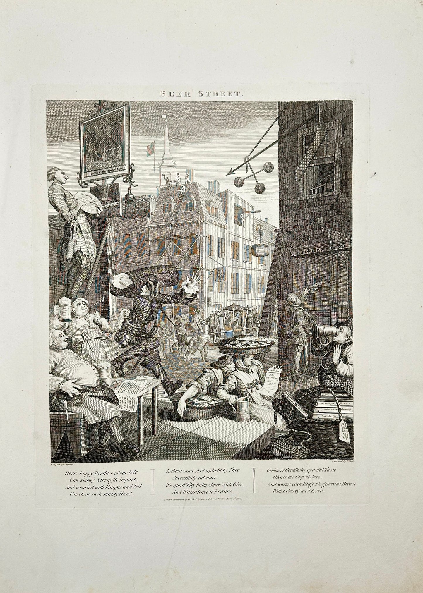 Antique Engraving - William Hogarth - View of Beer Street - London - E5