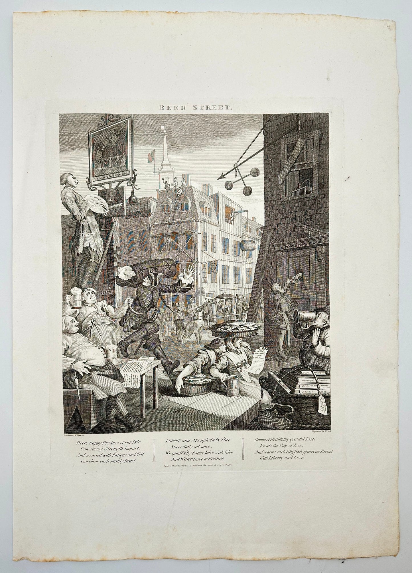 Antique Engraving - William Hogarth - View of Beer Street - London - E5