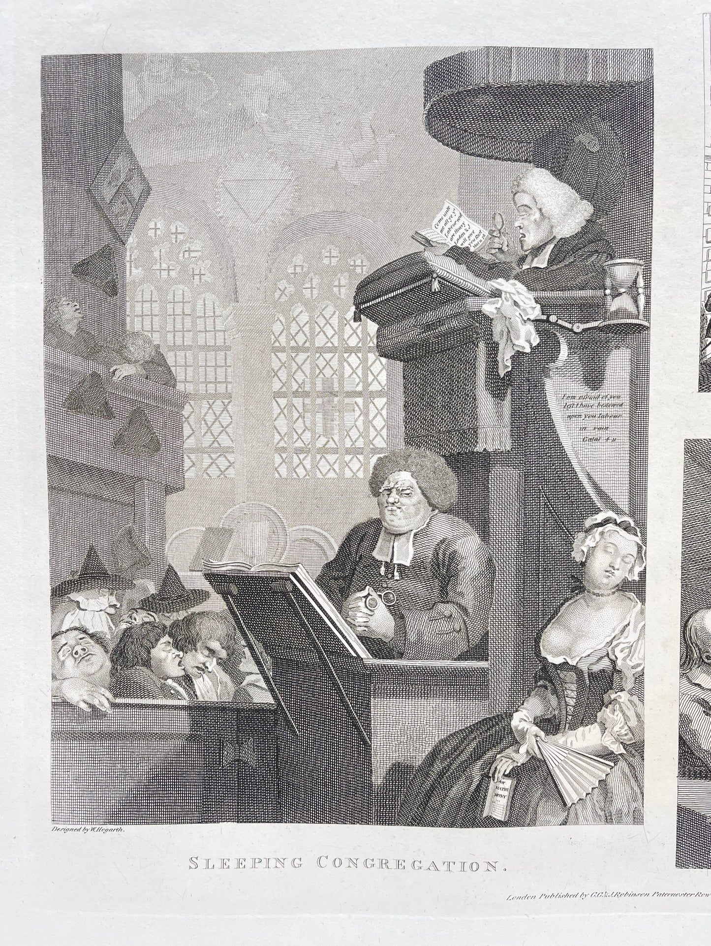 Antique Caricature Engraving - William Hogarth - Sleeping Congregation - E5