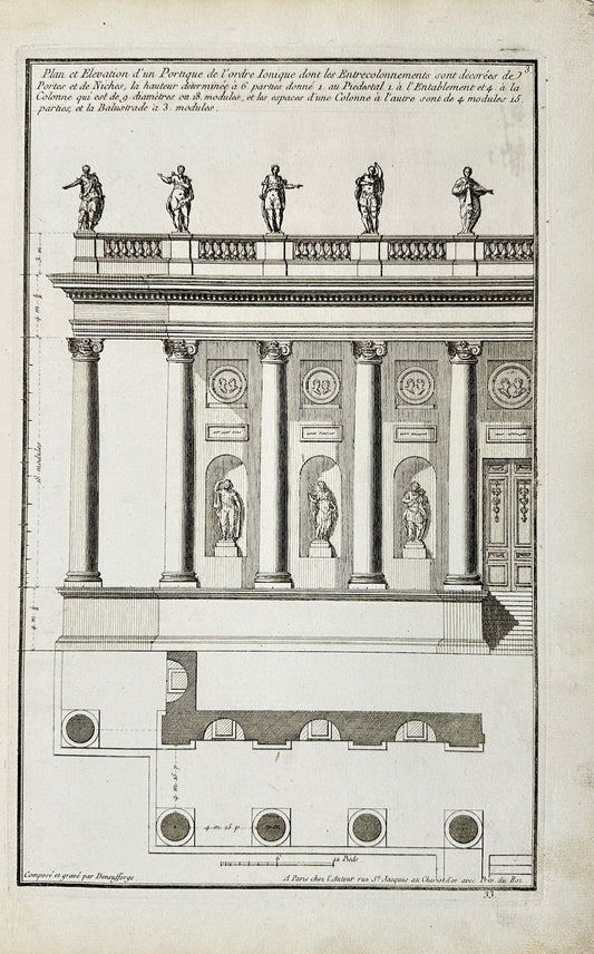 Antique Architectural Print - Portico Plan in Corinthian Style - France - F4