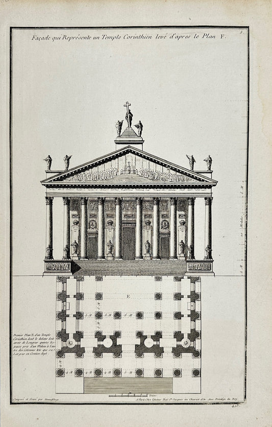 Antique Architectural Print - Facade of the Corinthian temple - France - F4