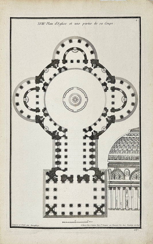 Antique Architectural Print - Church Plan and a Part of its Section - F4