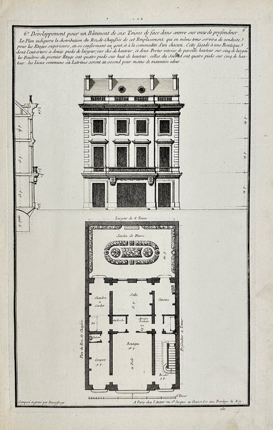 Antique Architectural Print - Plans for four Multi-story Townhouses - F4