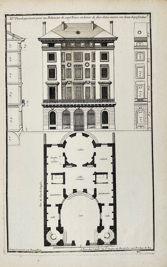 Antique Architectural Print - Development for a Building of seven Toises - F4