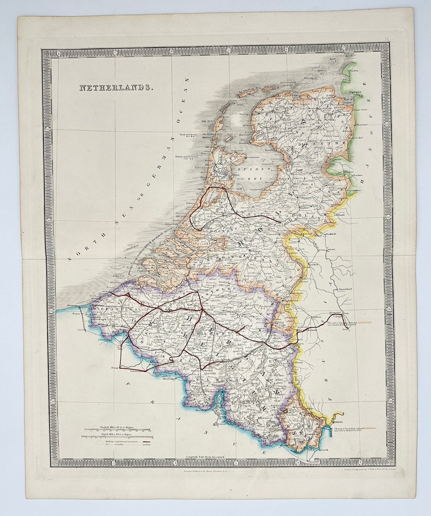 Original Antique Map - John Dower - Map of Netherlands - North Sea - G3