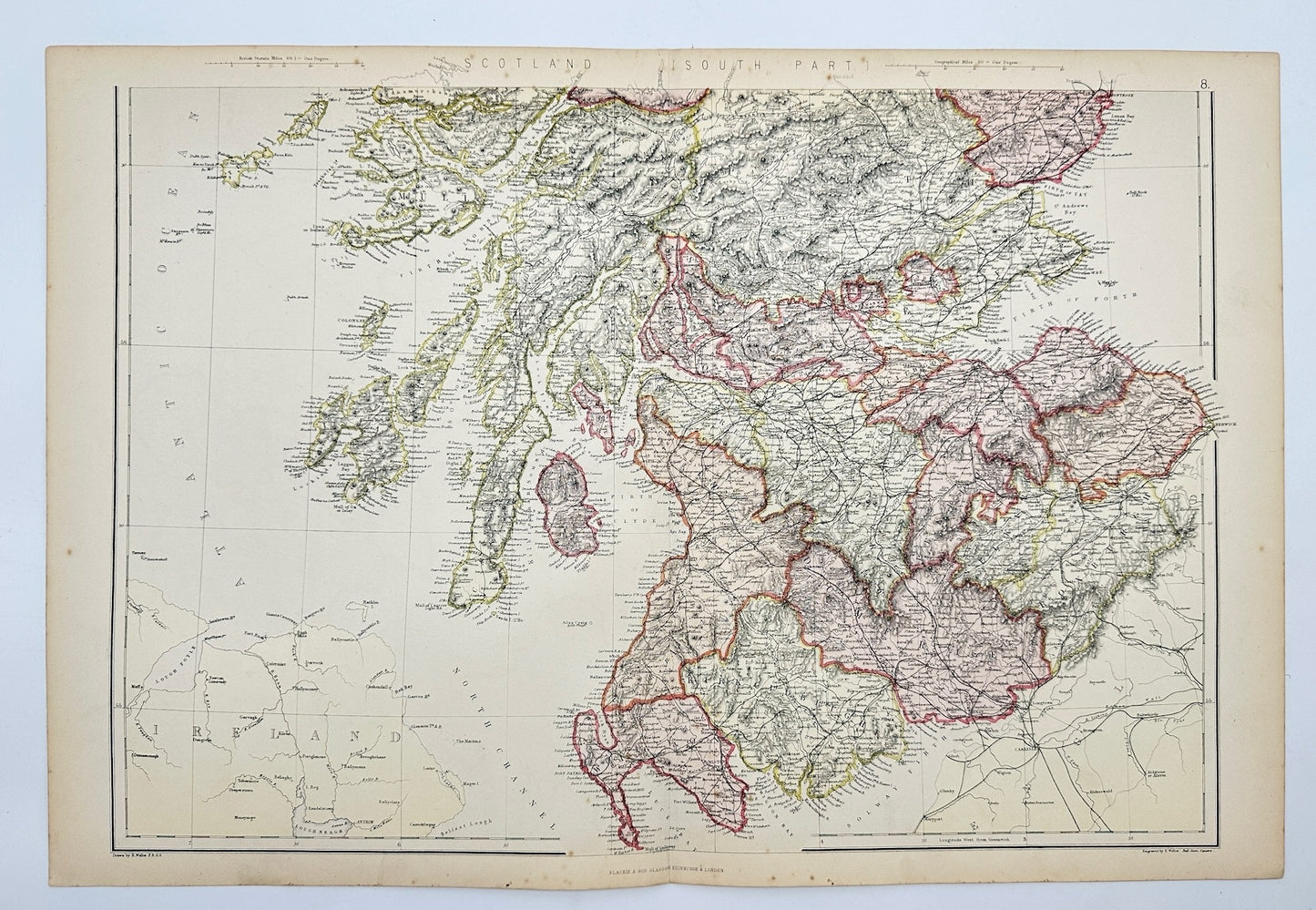 Original Antique Map - Walter Graham Blackie - Scotland South Parti - G3