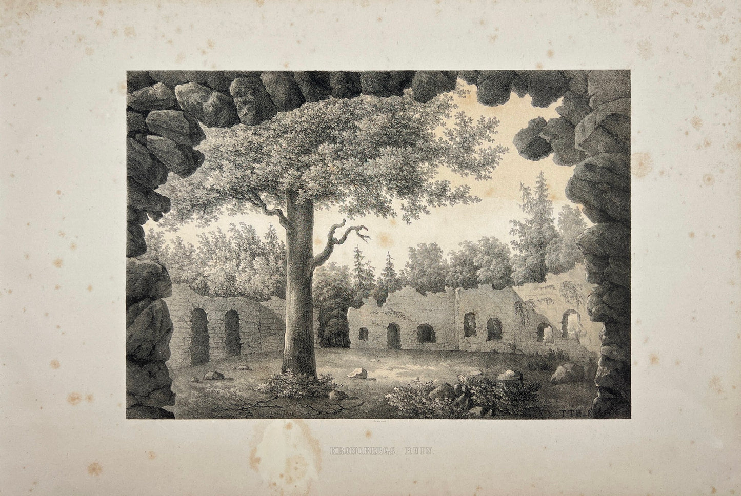 Antique Engraving - Ulrik Thersner - View of Kronoberg's Ruin in Sweden - E3