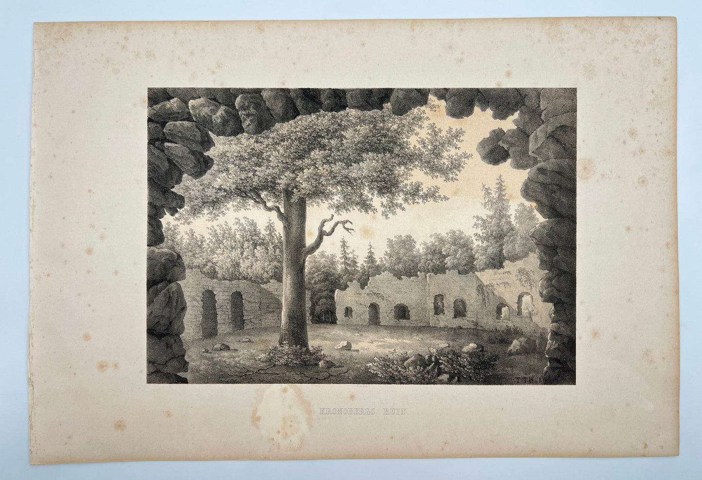 Antique Engraving - Ulrik Thersner - View of Kronoberg's Ruin in Sweden - E3