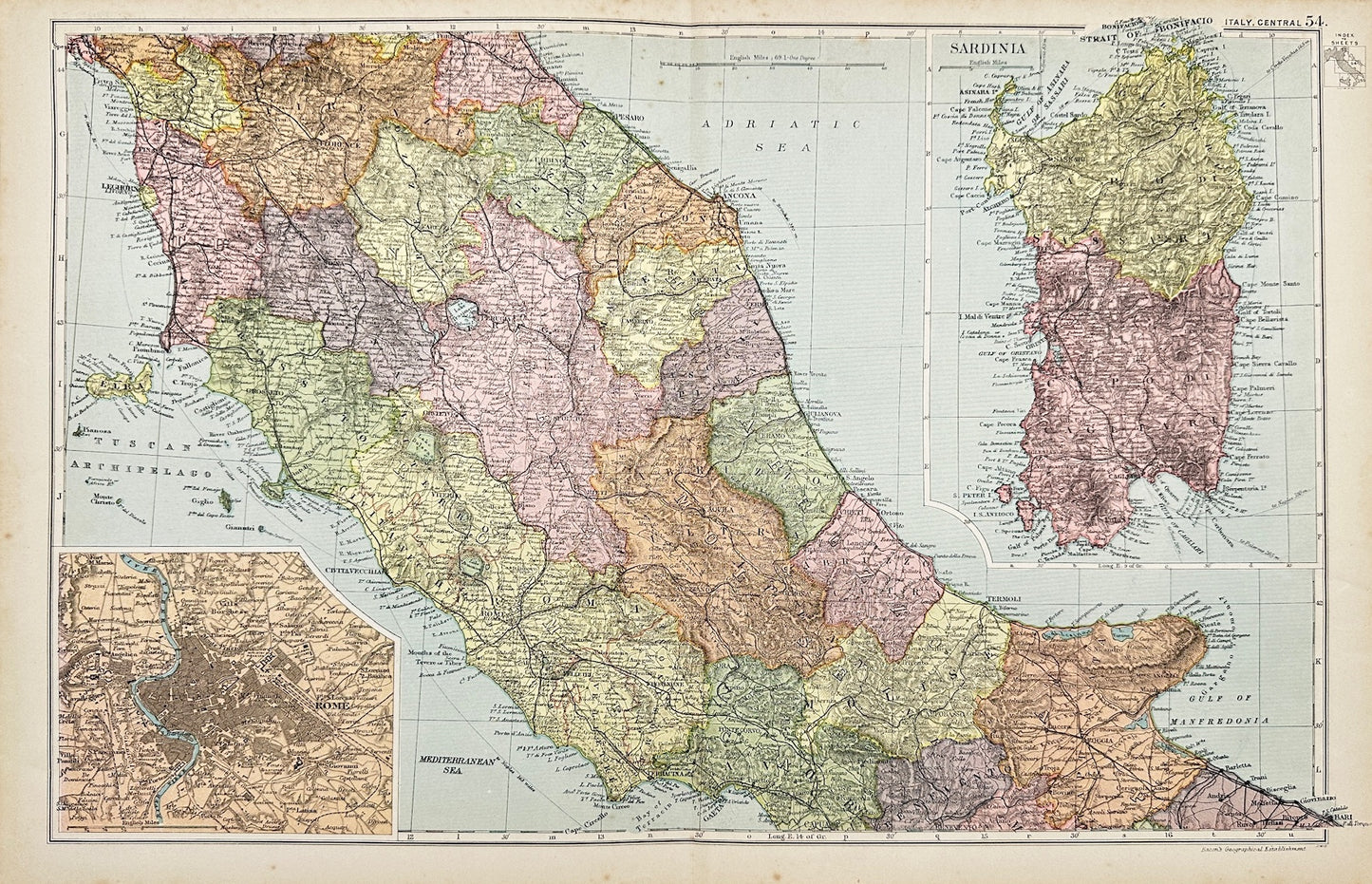 Original Antique Map - George Washington Bacon - Central Italy - Sardinia - G3