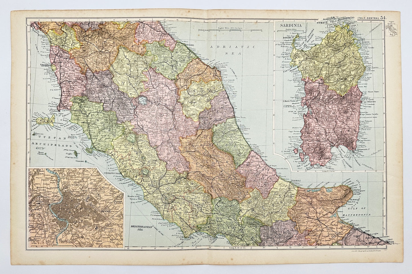 Original Antique Map - George Washington Bacon - Central Italy - Sardinia - G3