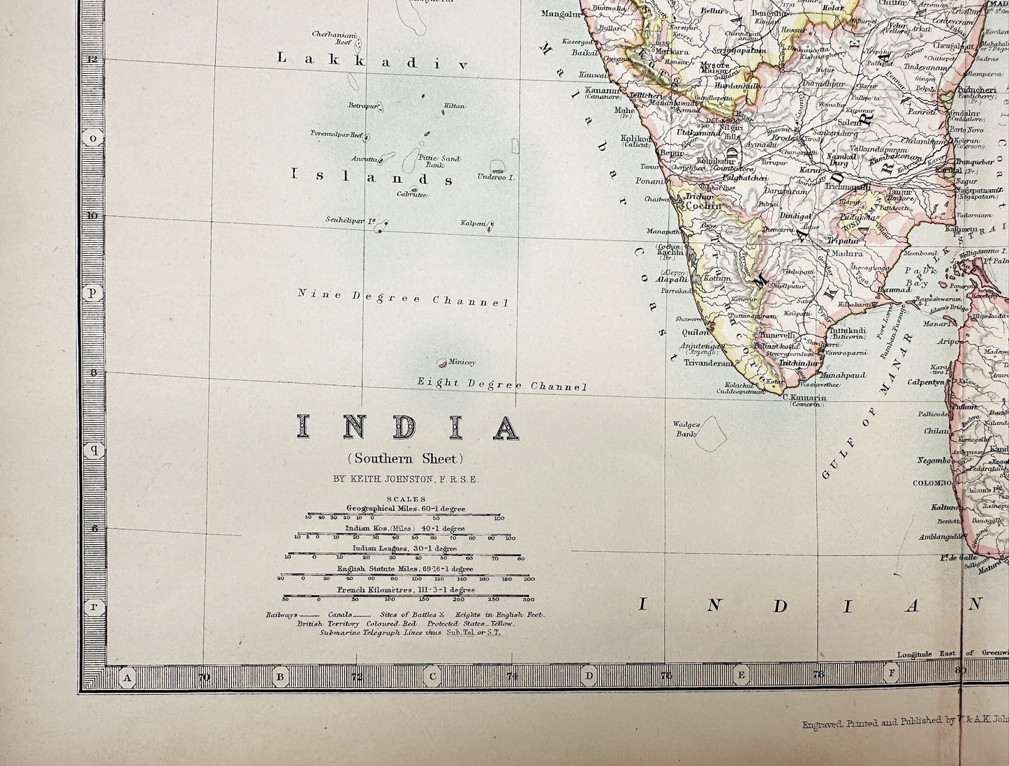 Original Antique Map - Alexander Keith Johnston - India, Southern Sheet - G3