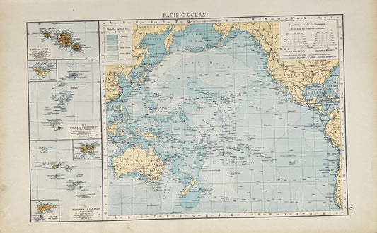 Antique Map - The Times Atlas - Pacific Ocean Depths & Telegraph Cables - G3