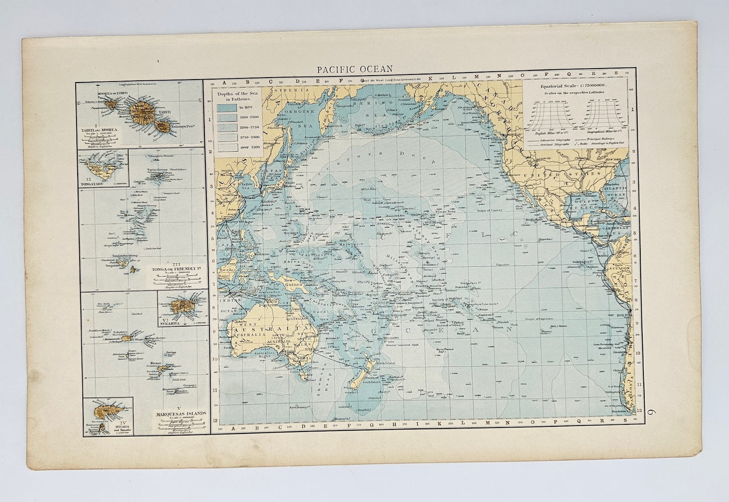 Antique Map - The Times Atlas - Pacific Ocean Depths & Telegraph Cables - G3