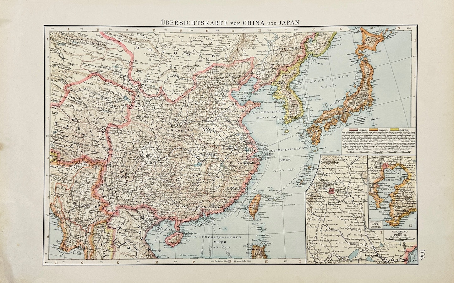 Original Antique Map - The Times Atlas - Overview Map for China and Japan - G3