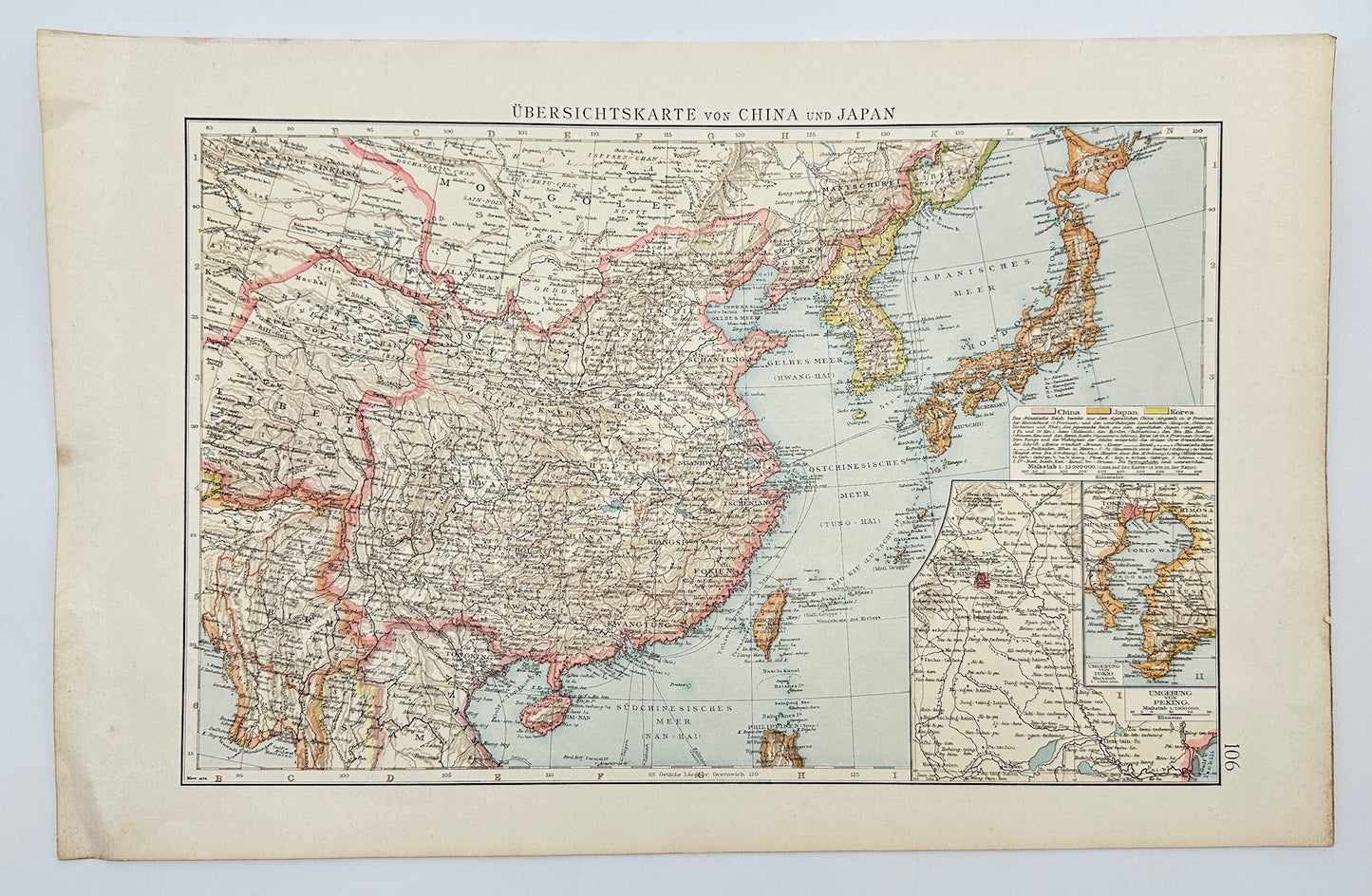 Original Antique Map - The Times Atlas - Overview Map for China and Japan - G3