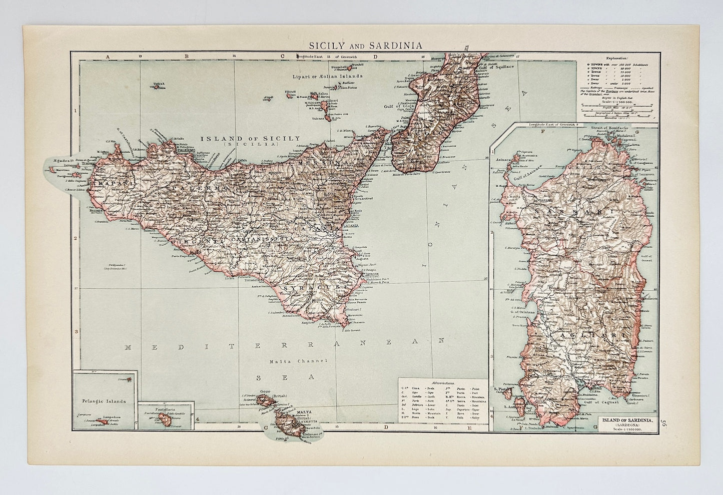 Original Antique Map - Richard Andree - Sicily and Sardinia - Italy - G3