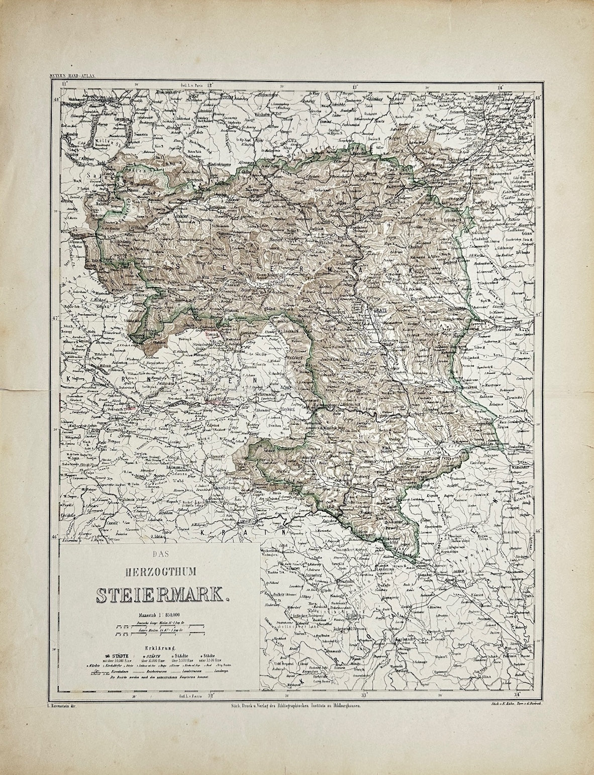 Antique Map - John Ravenstein - Duchy of Styria - Meyers Hand-Atlas - G3