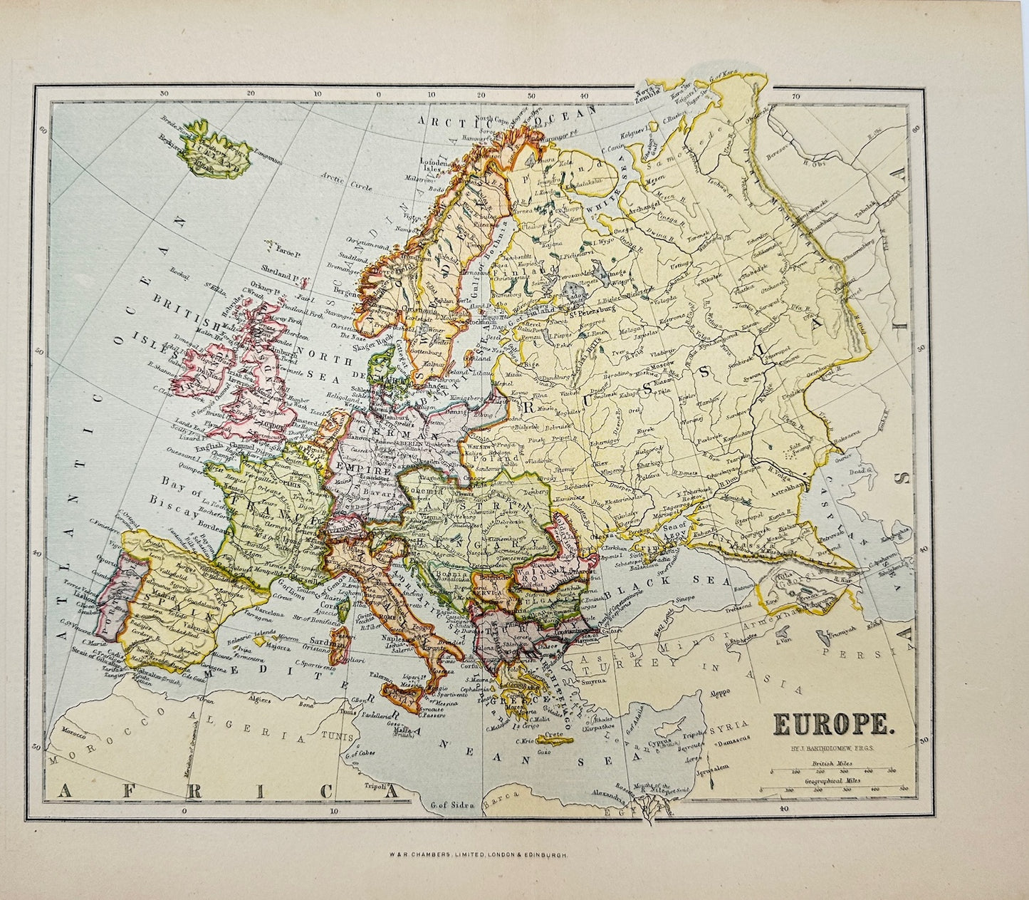 Original Antique Map - John Bartholomew - Europe - Atlantic Ocean - G3