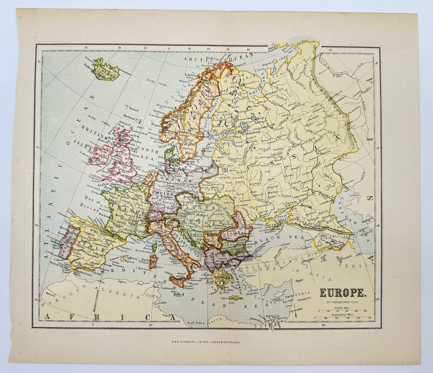 Original Antique Map - John Bartholomew - Europe - Atlantic Ocean - G3