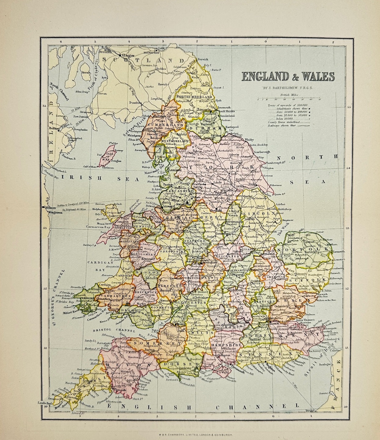 Original Antique Map - John Bartholomew - England & Wales - North Sea - G3