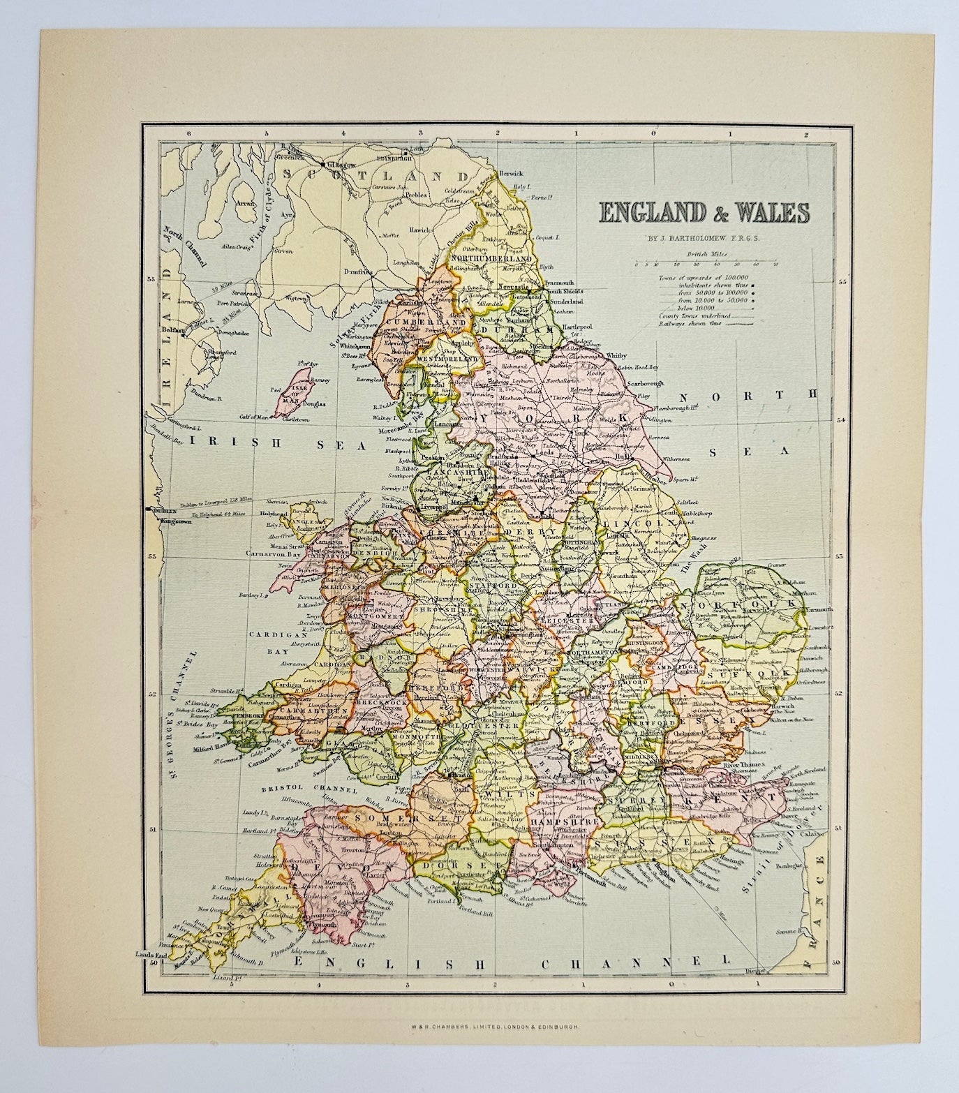 Original Antique Map - John Bartholomew - England & Wales - North Sea - G3