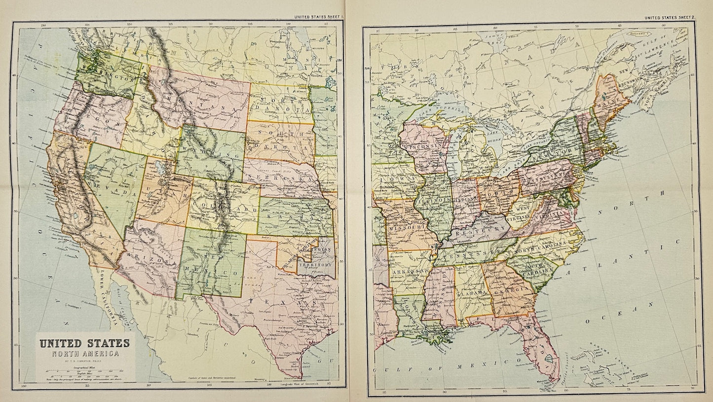 Original Antique Map - John Bartholomew - United States - North America - G3