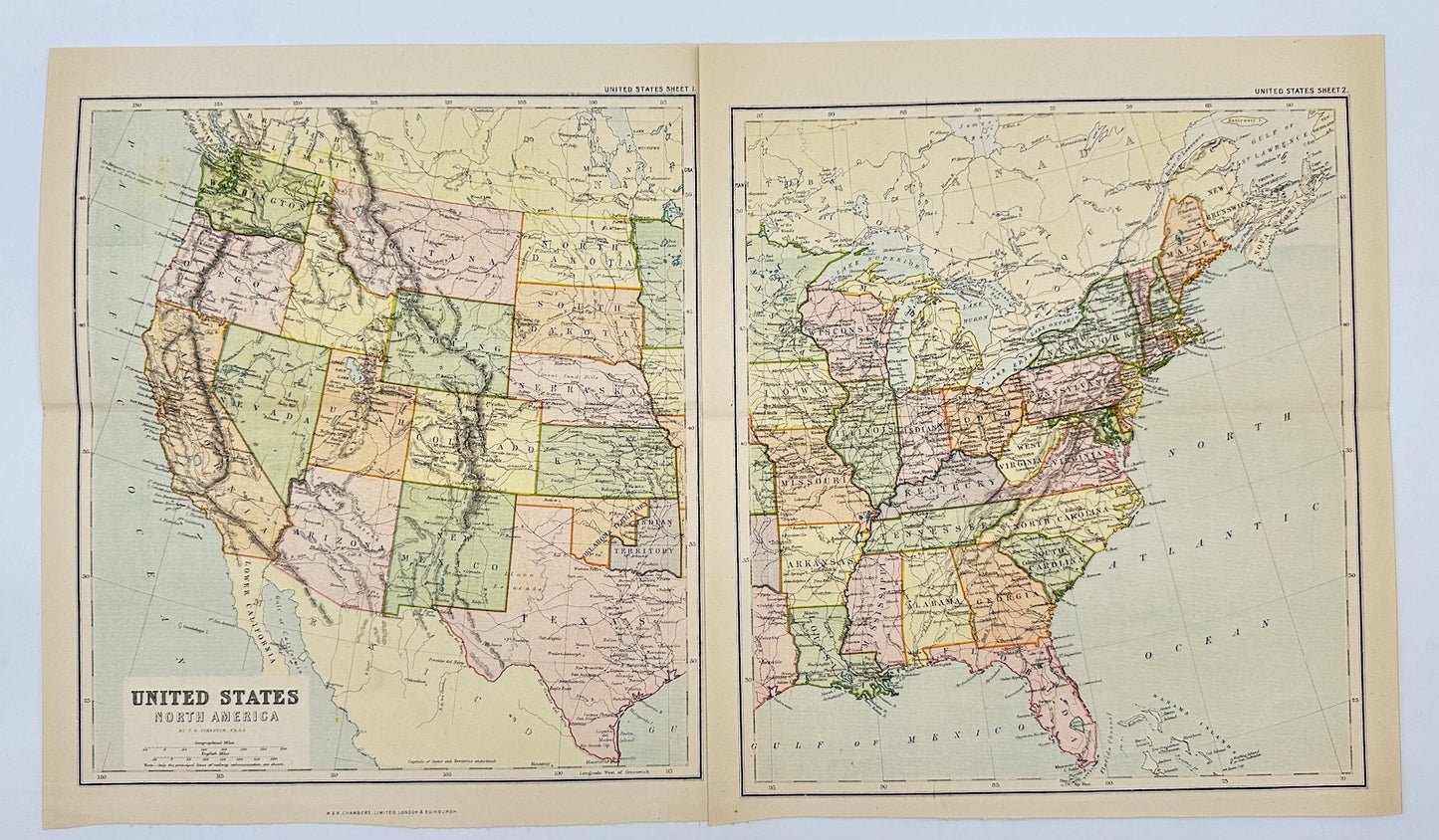 Original Antique Map - John Bartholomew - United States - North America - G3