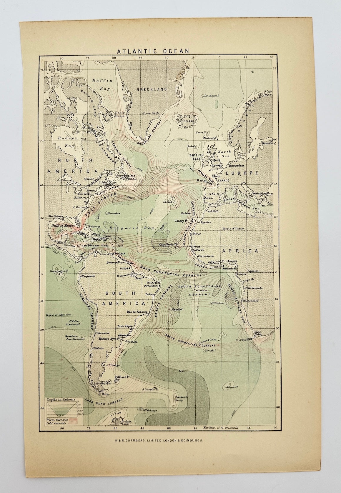 Original Antique Map - W. & R. Chambers - Atlantic Ocean - G3