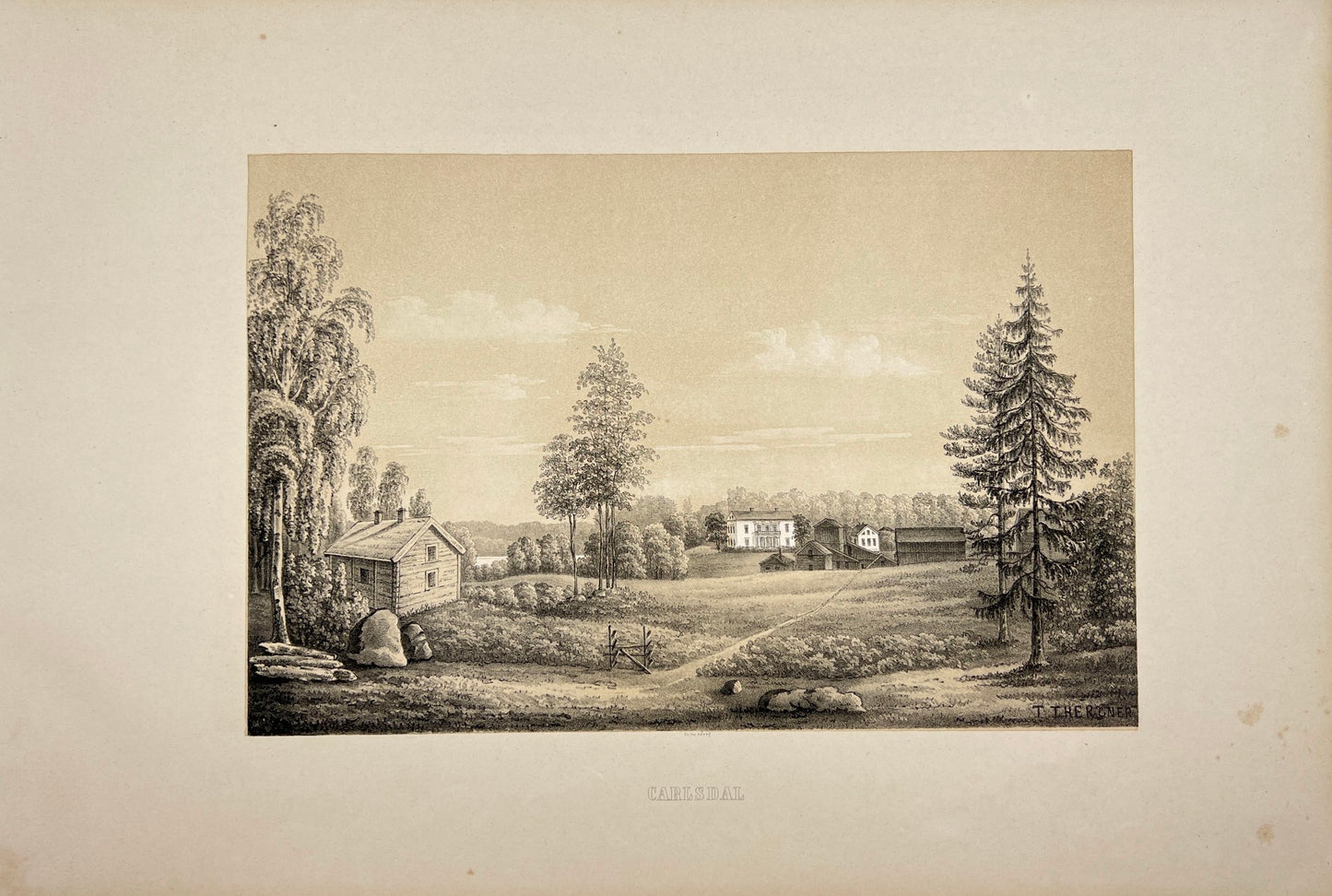 Antique Engraving - Ulrik Thersner - View of Karlsdal Farm in Sweden - E3