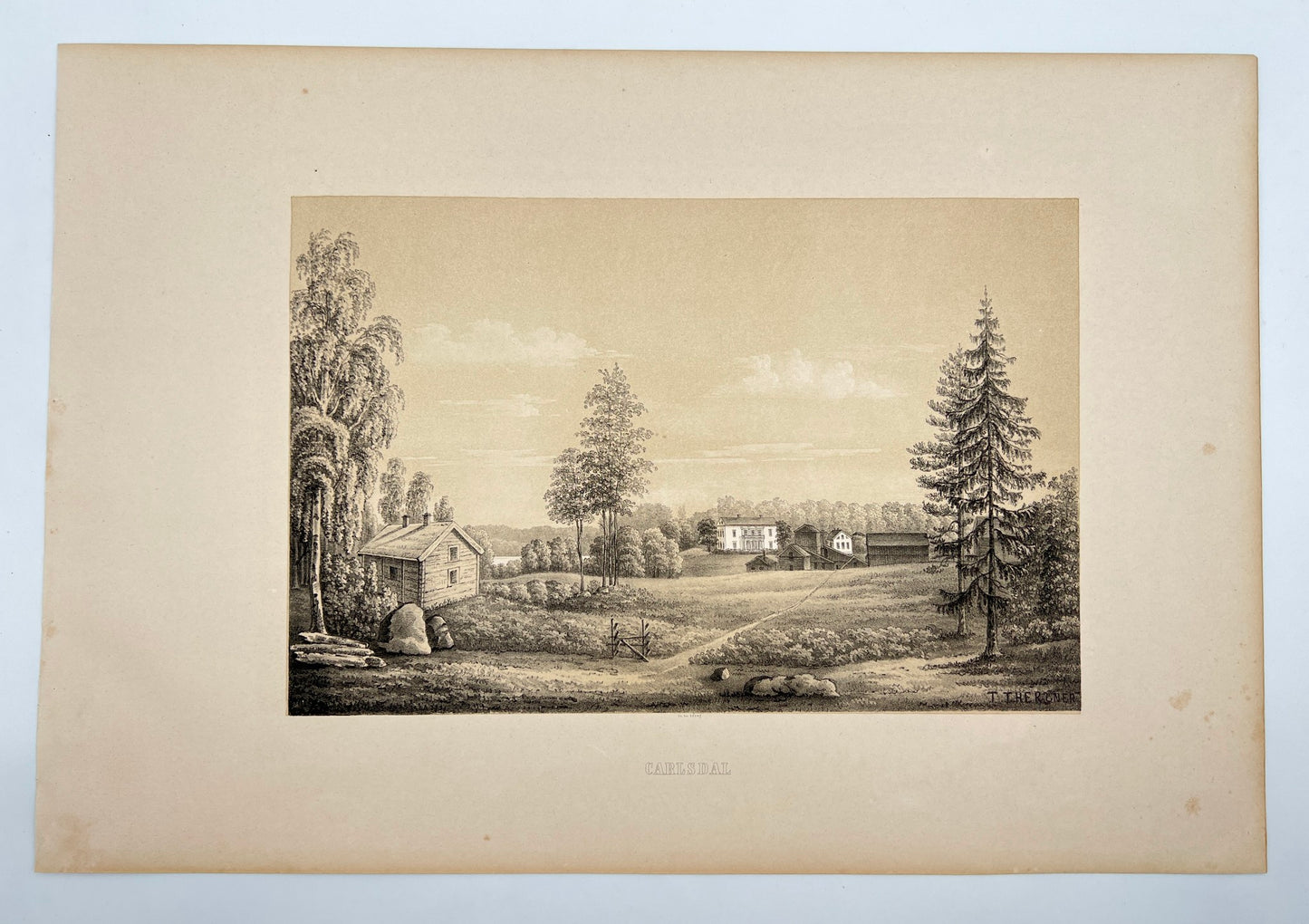 Antique Engraving - Ulrik Thersner - View of Karlsdal Farm in Sweden - E3