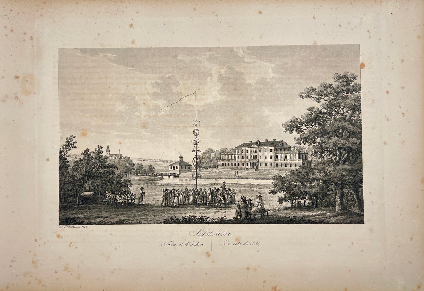 Antique Engraving - Ulrik Thersner - View of Savstaholm Castle in Sweden - E3