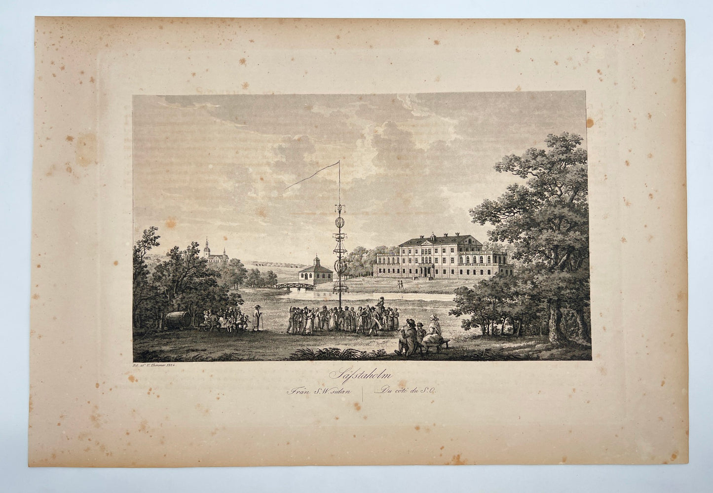 Antique Engraving - Ulrik Thersner - View of Savstaholm Castle in Sweden - E3