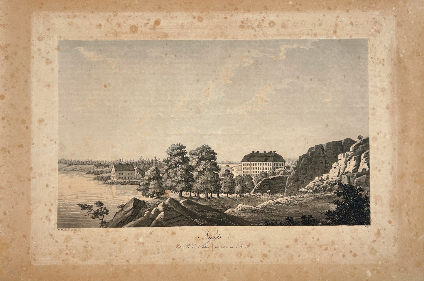 Antique Engraving - Ulrik Thersner - View of Nynas Mansion in Sweden - E3