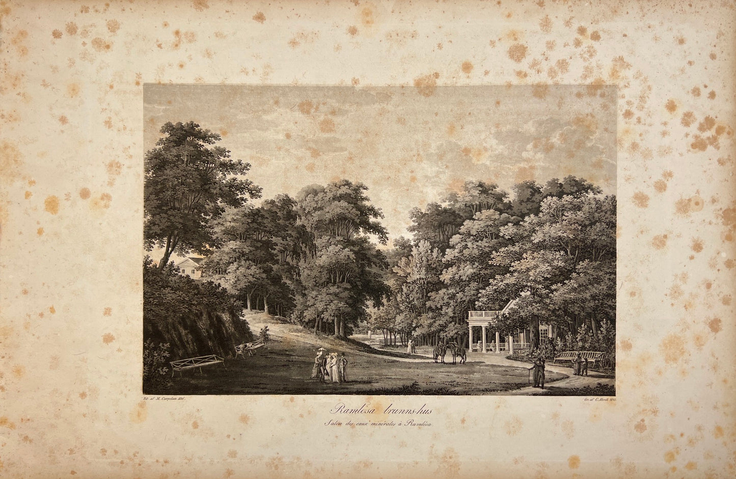 Antique Engraving - Ulrik Thersner - View of Ramlösa Well Park in Sweden - E3