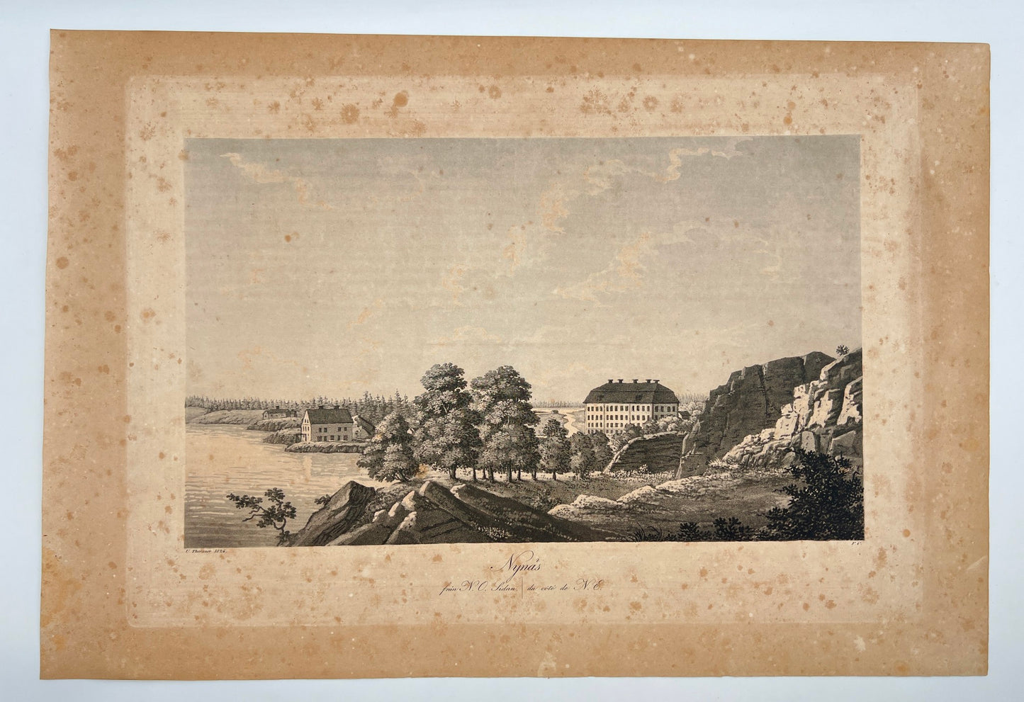 Antique Engraving - Ulrik Thersner - View of Nynas Mansion in Sweden - E3