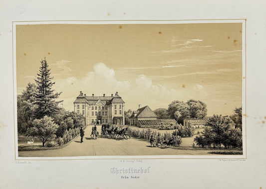 Original Antique Print - Ferdinand Richardt - Christinehof Castle - Sweden - F3