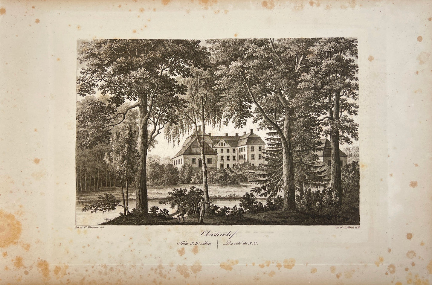 Antique Engraving - Ulrik Thersner - View of Christinehof in Sweden - E3