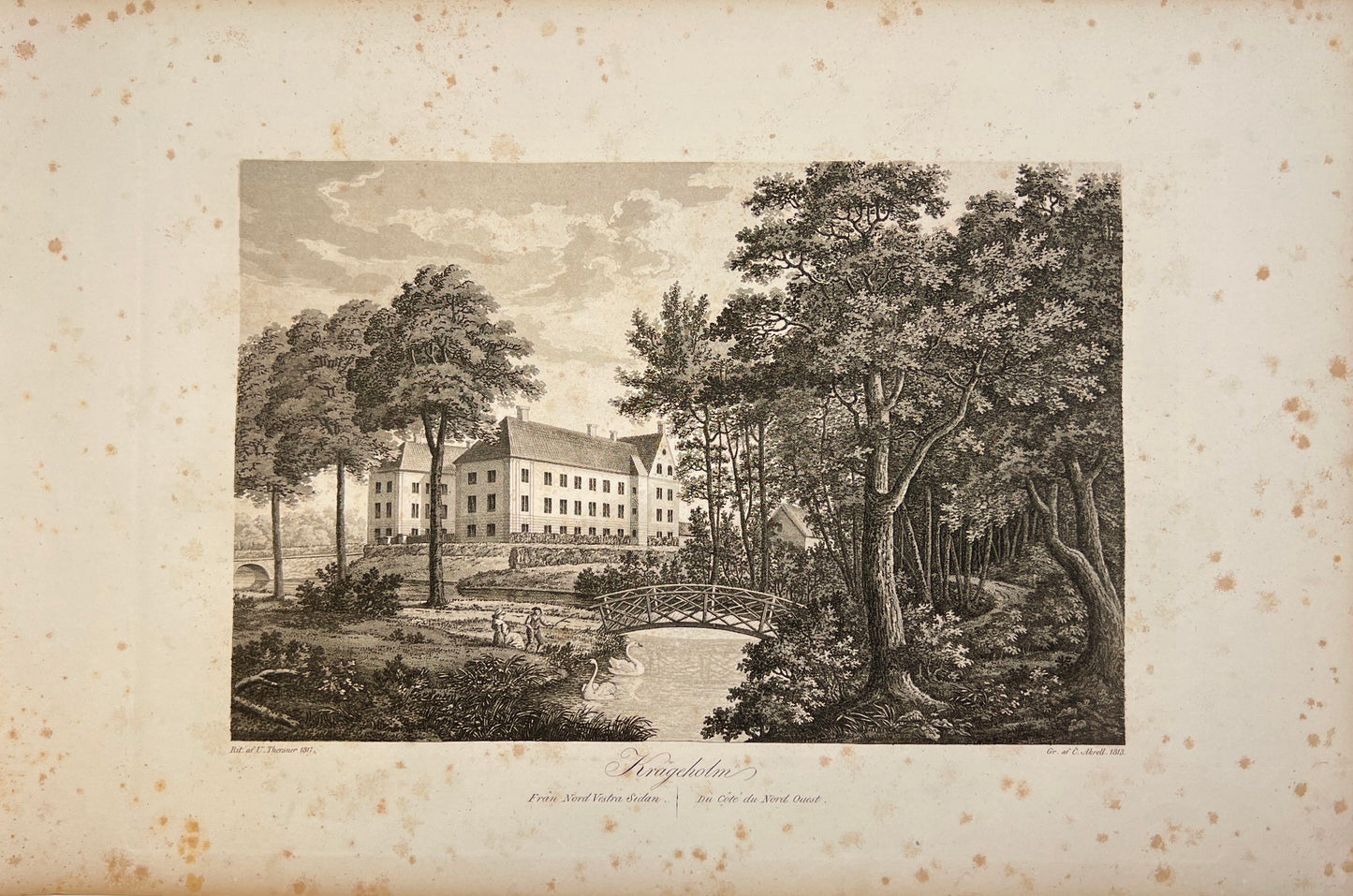 Antique Engraving - Ulrik Thersner - View of Krageholm Castle in Sweden - E3