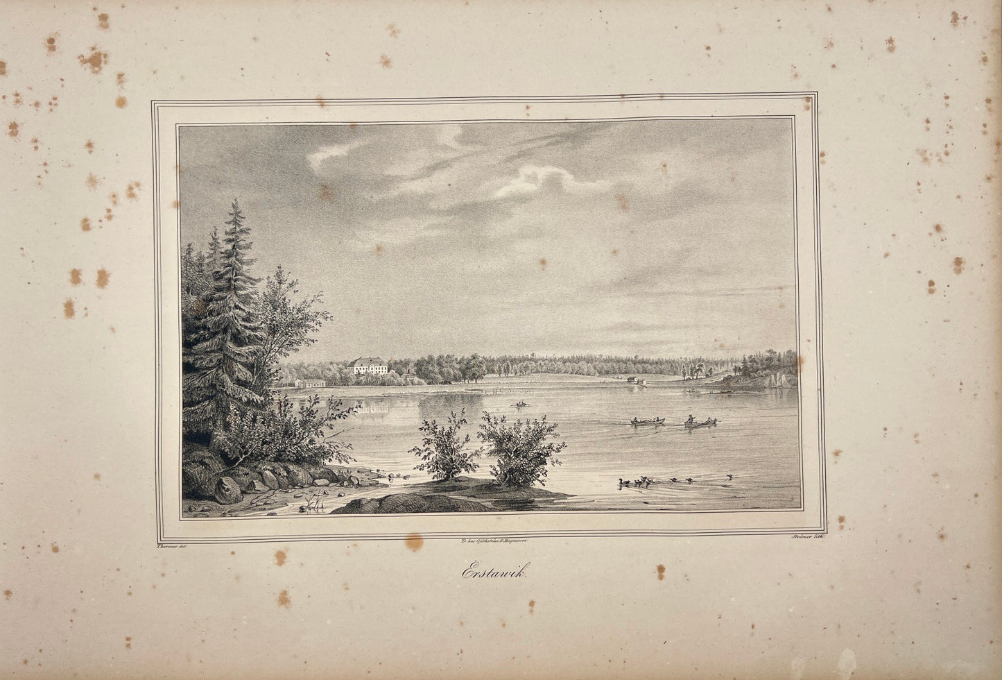 Antique Engraving - Ulrik Thersner - View of Erstavik Mansion in Sweden - E3