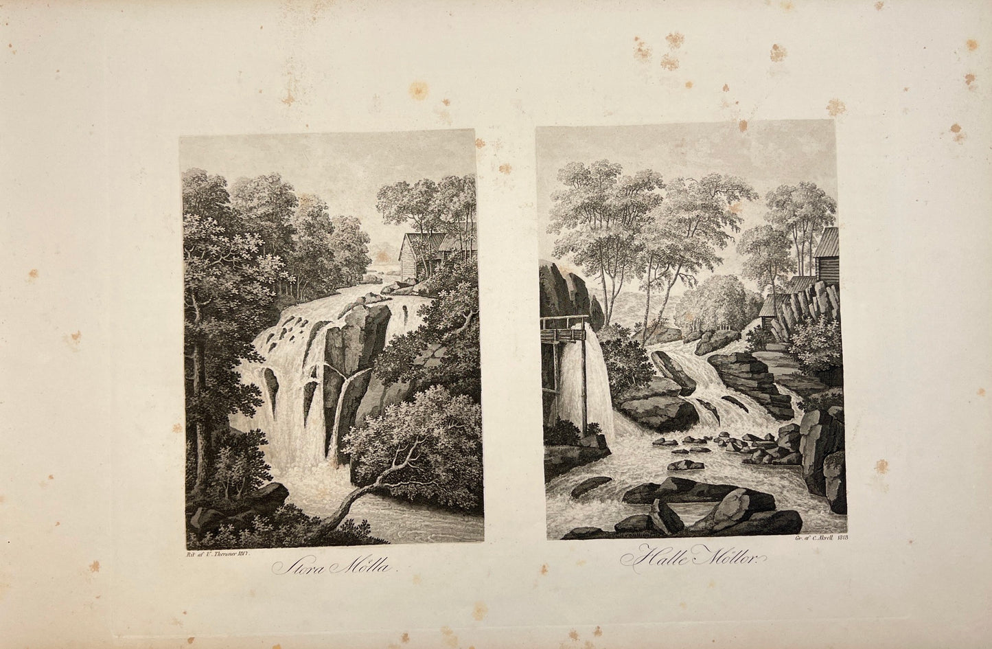 Antique Engraving - Ulrik Thersner - View of Stora Molla Waterfall - E3