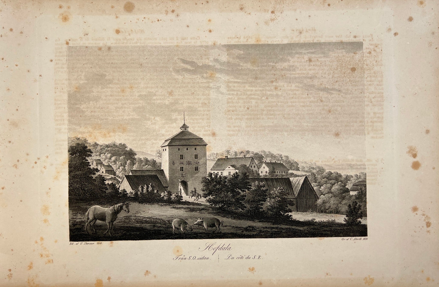 Antique Engraving - Ulrik Thersner - View of Hovdala Castle in Sweden - E3