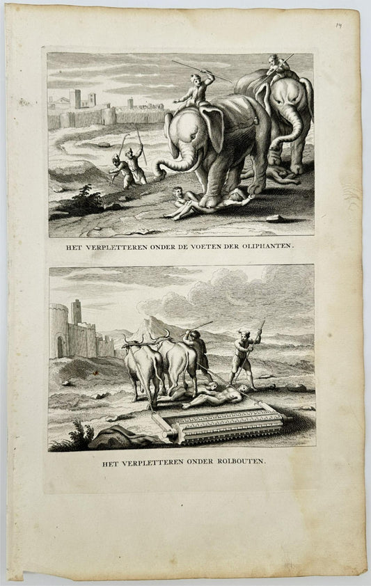 Antique Print - Antoine Calmet - Men's Death under Elephants and Rollers - F5