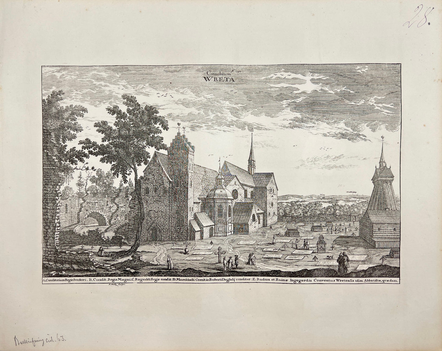 Original Antique Print - Erik Dahlberg - View of Vreta Abbey in Sweden - E1