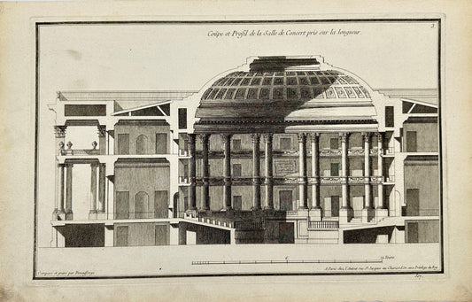 Antique Architectural Print - Section and Profile of the Concert Hall - F3