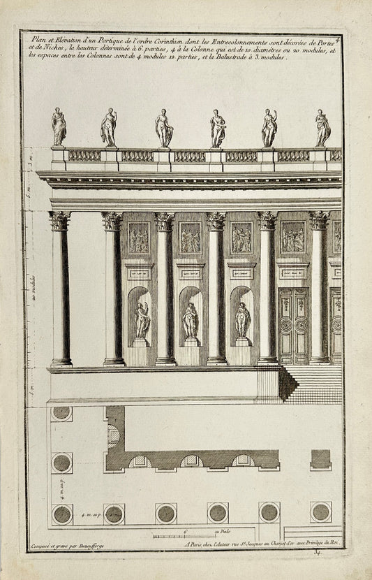 Antique Architectural Print - Portico Plan in Corinthian Style - France - F3