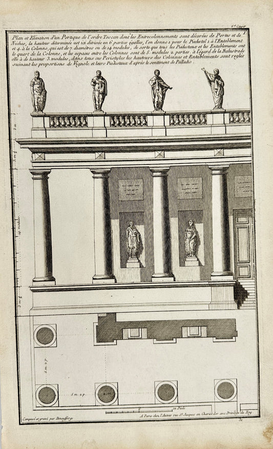 Antique Architectural Print - Plan and Height of the Portico - France - F3