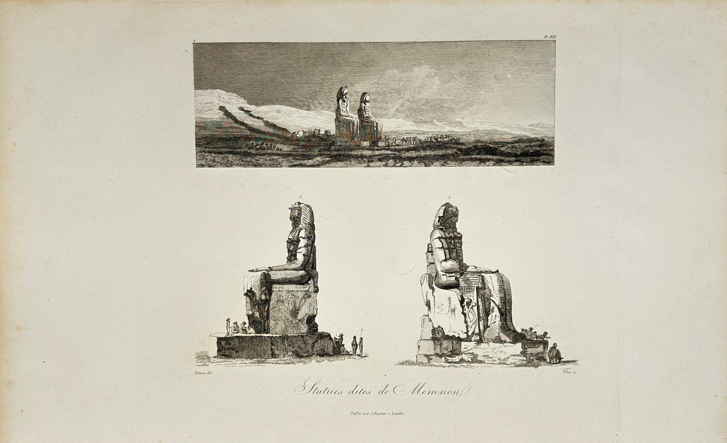 Original Antique Engraving - Dominique Vivant Denon - Memnon Statues - F3