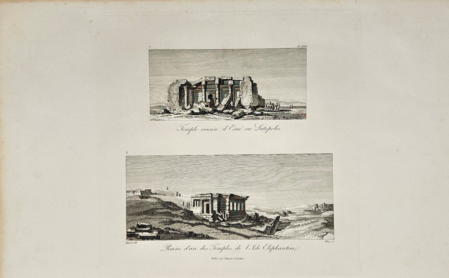 Antique Engraving - View of Temple Ruins on Elephantine Island - Egypt - F3